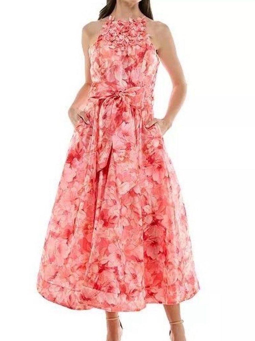 Taylor Coral Pink Floral Halter Midi Dress